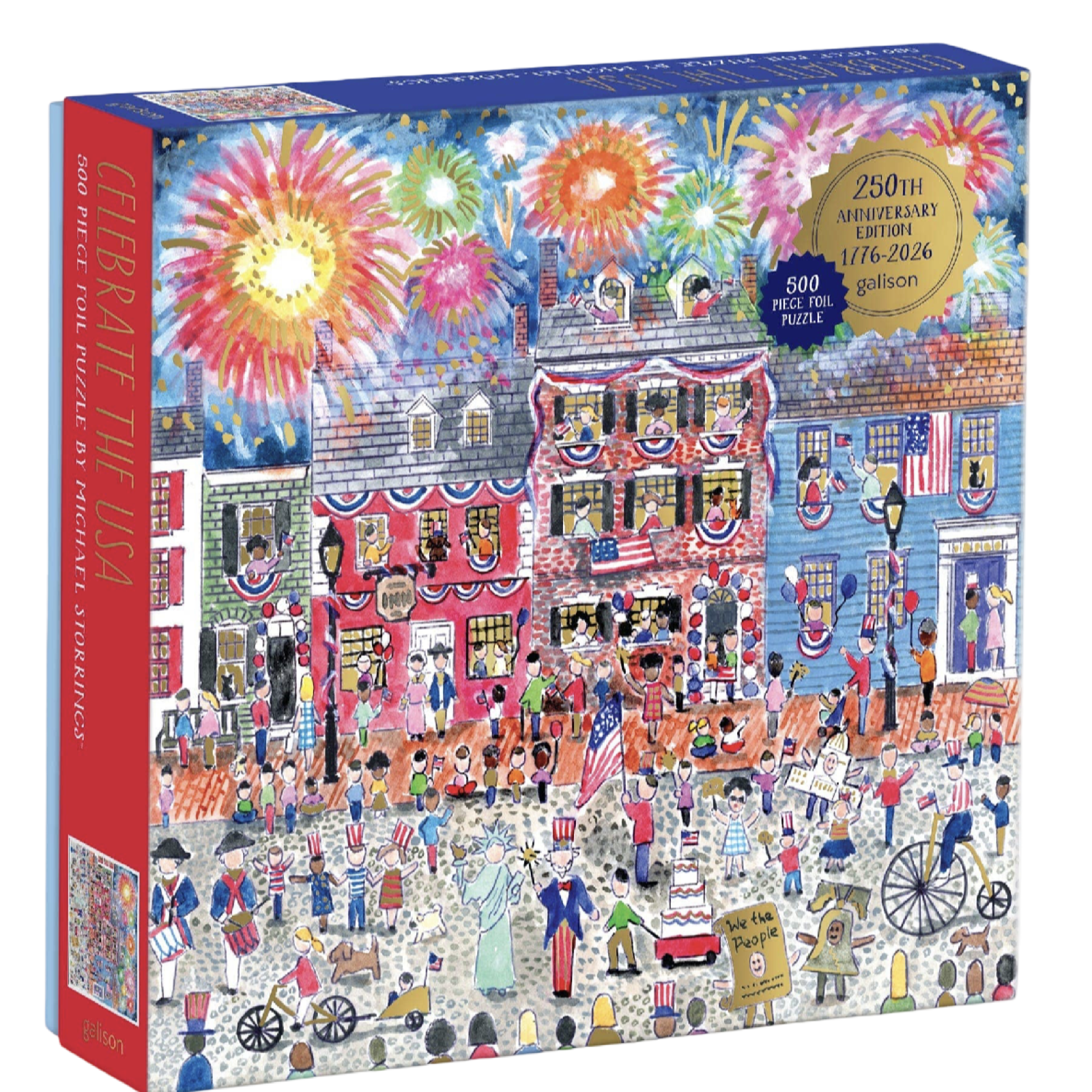 Puzzle box with a colorful illustration of a street scene and fireworks, celebrating the USA.