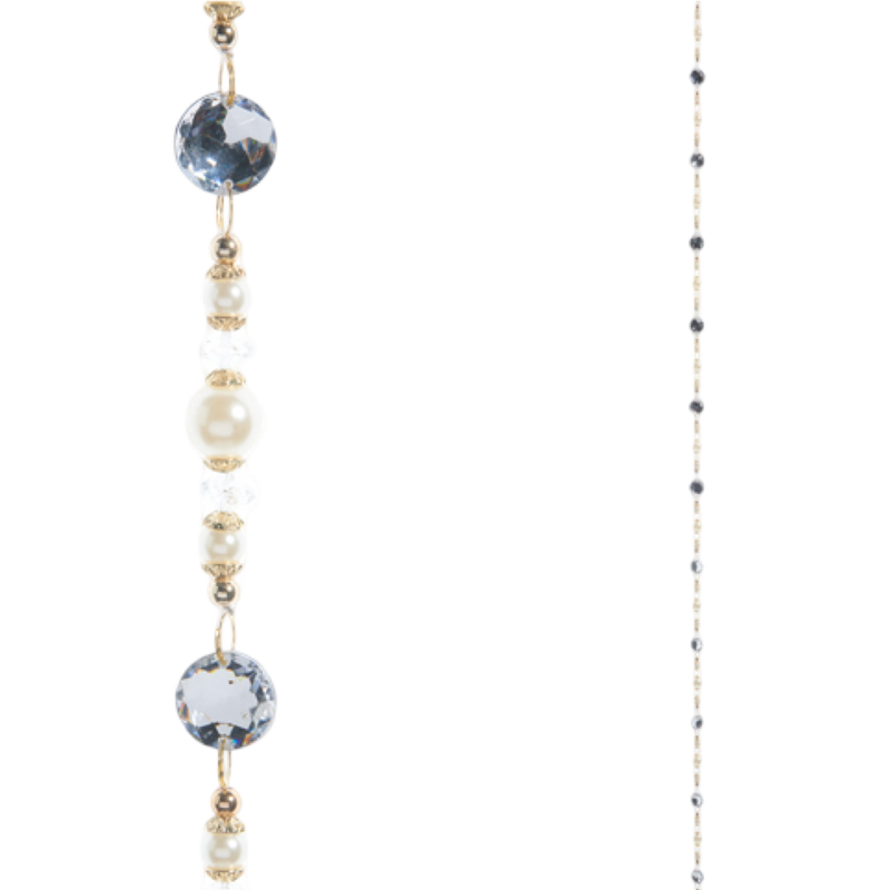 Beaded necklace with various colored beads on a white background