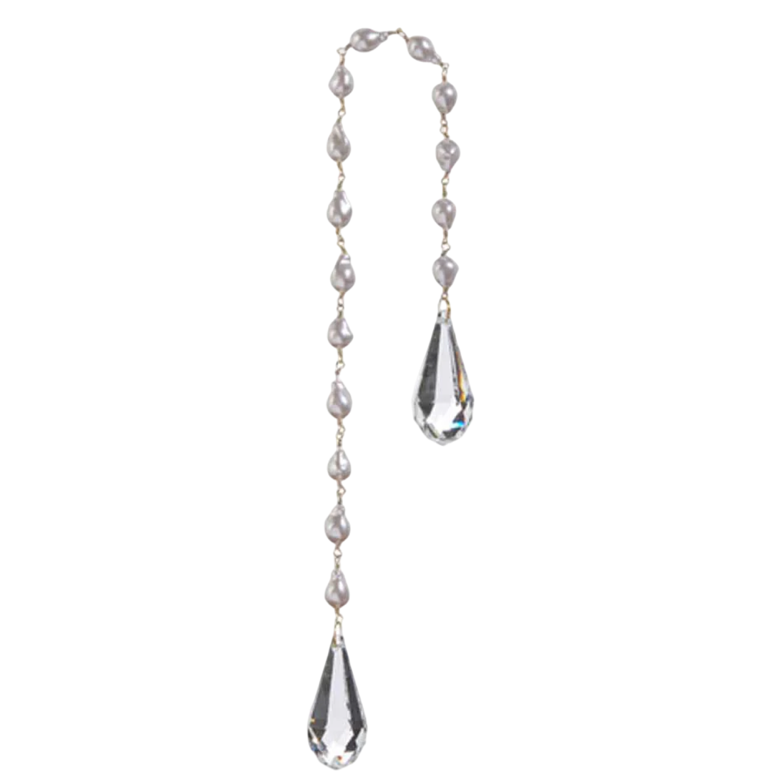 Necklace with clear teardrop pendants and pearl-like beads on a white background