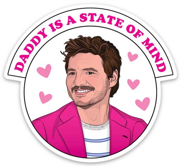 Circular sticker with a person in a pink jacket, surrounded by hearts and text 'Daddy is a state of mind'.