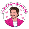 Illustration of a man in a pink jacket with text 'Daddy is a state of mind' and hearts on a white background