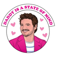Illustration of a man in a pink jacket with text 'Daddy is a state of mind' and hearts on a white background
