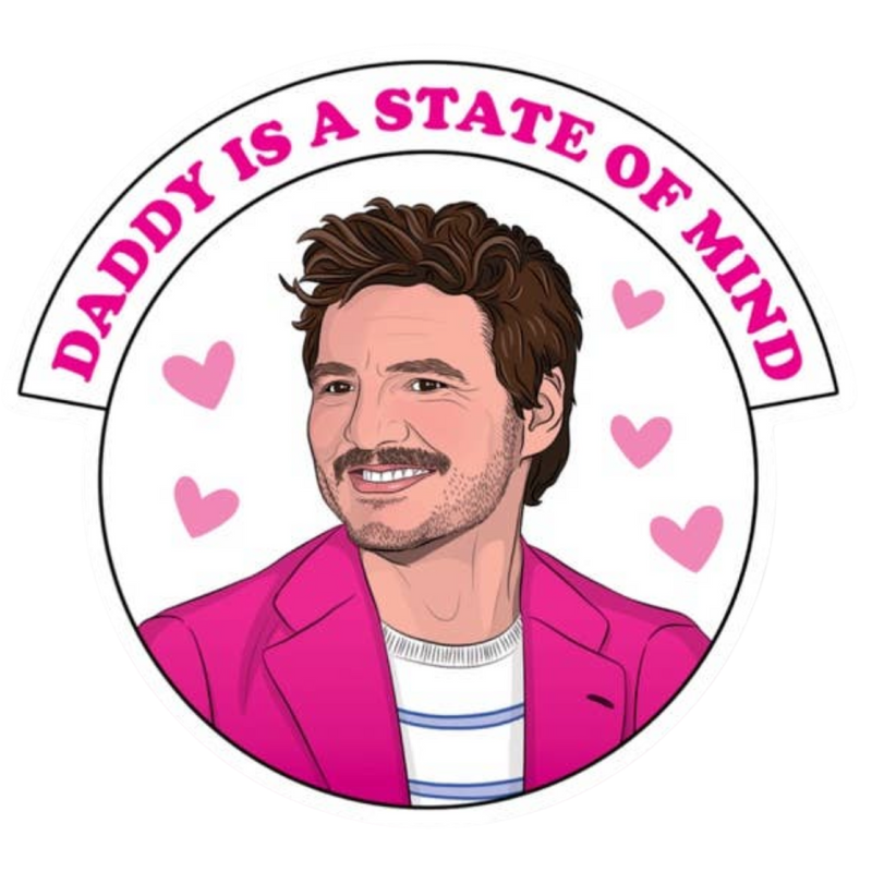 Illustration of a man in a pink jacket with text 'Daddy is a state of mind' and hearts on a white background
