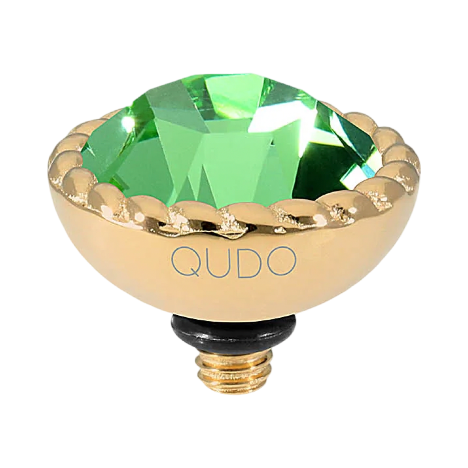 QUDO Bocconi Top Gold, QUDO Green and Golden Collection, interchangeable jewelry, gold crystal topper, green crystal jewelry, golden crystal jewelry, QUDO topper, interchangeable ring topper, stackable jewelry, Swarovski crystal jewelry, luxury fashion jewelry, collectible jewelry, boutique jewelry, interchangeable bracelet topper, colorful crystal jewelry, statement jewelry, QUDO jewelry collection