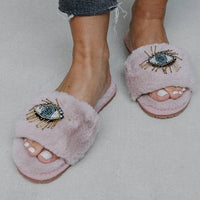 Pink Plush Slide Slipper Evil Eye