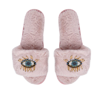 Pink Plush Slide Slippers Evil Eye