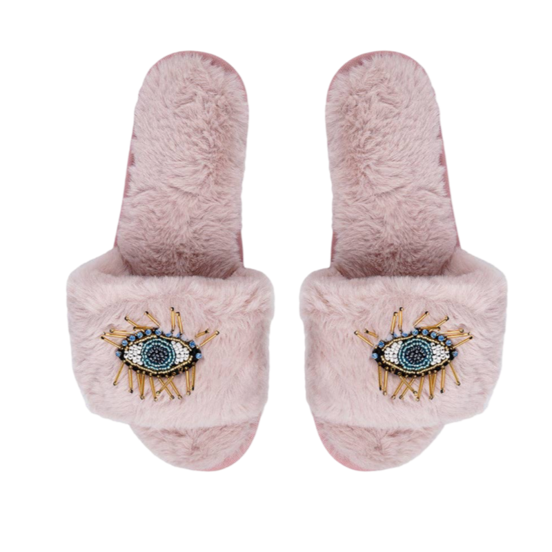 Pink Plush Slide Slippers Evil Eye