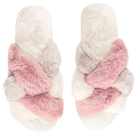 pink and ivory plush slippers, women’s cozy slippers, multi-weave house shoes, soft woven slippers, fuzzy indoor slippers, stylish bedroom slippers, cute lounge slippers, giftable women’s slippers, plush pajama party slippers, comfy slip-on slippers