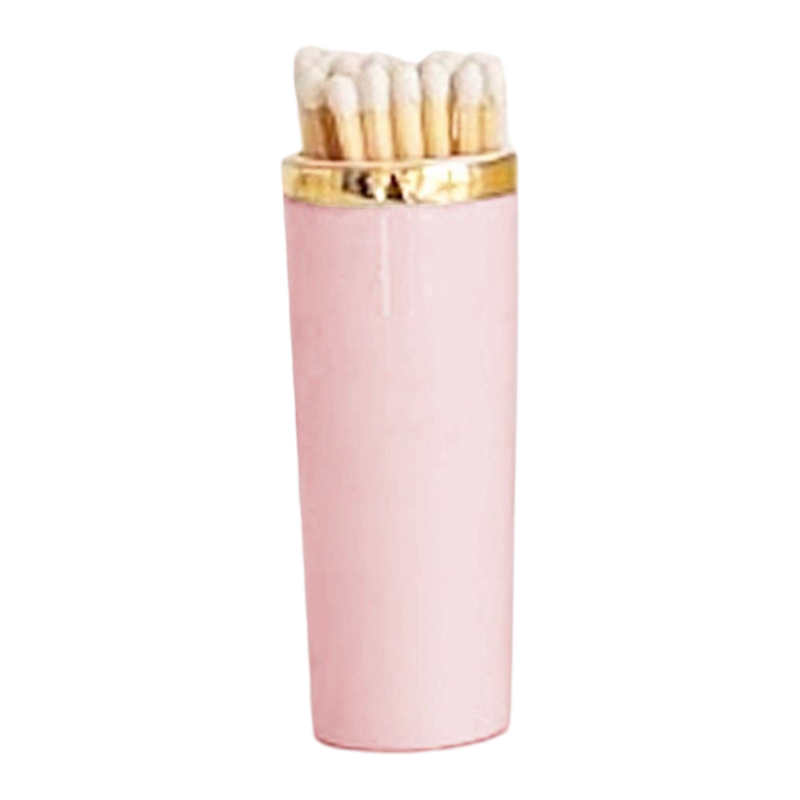 Pink matches holder with gold top on a white background
