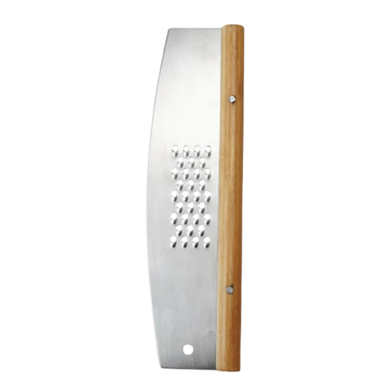 Metal grater with wooden handle on a white background