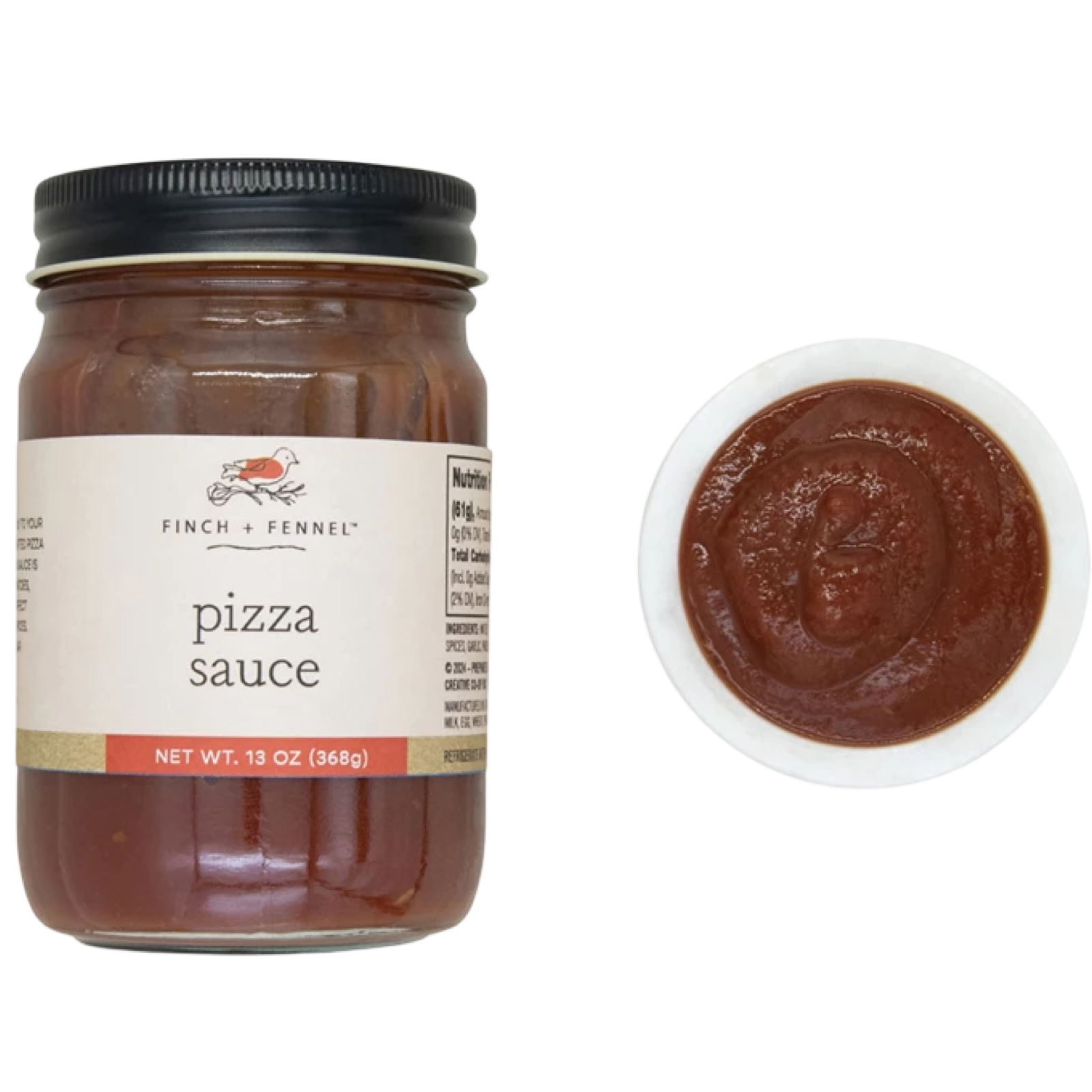 Jar of pizza sauce with a close-up of the sauce on a white background