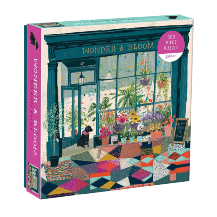 plant shop puzzle, Wonder and Bloom puzzle, Victoria Ball puzzle, Galison 500 piece puzzle, botanical jigsaw, dog in shop puzzle, colorful plant puzzle, gift for gardeners, relaxing jigsaw puzzle, floral puzzle