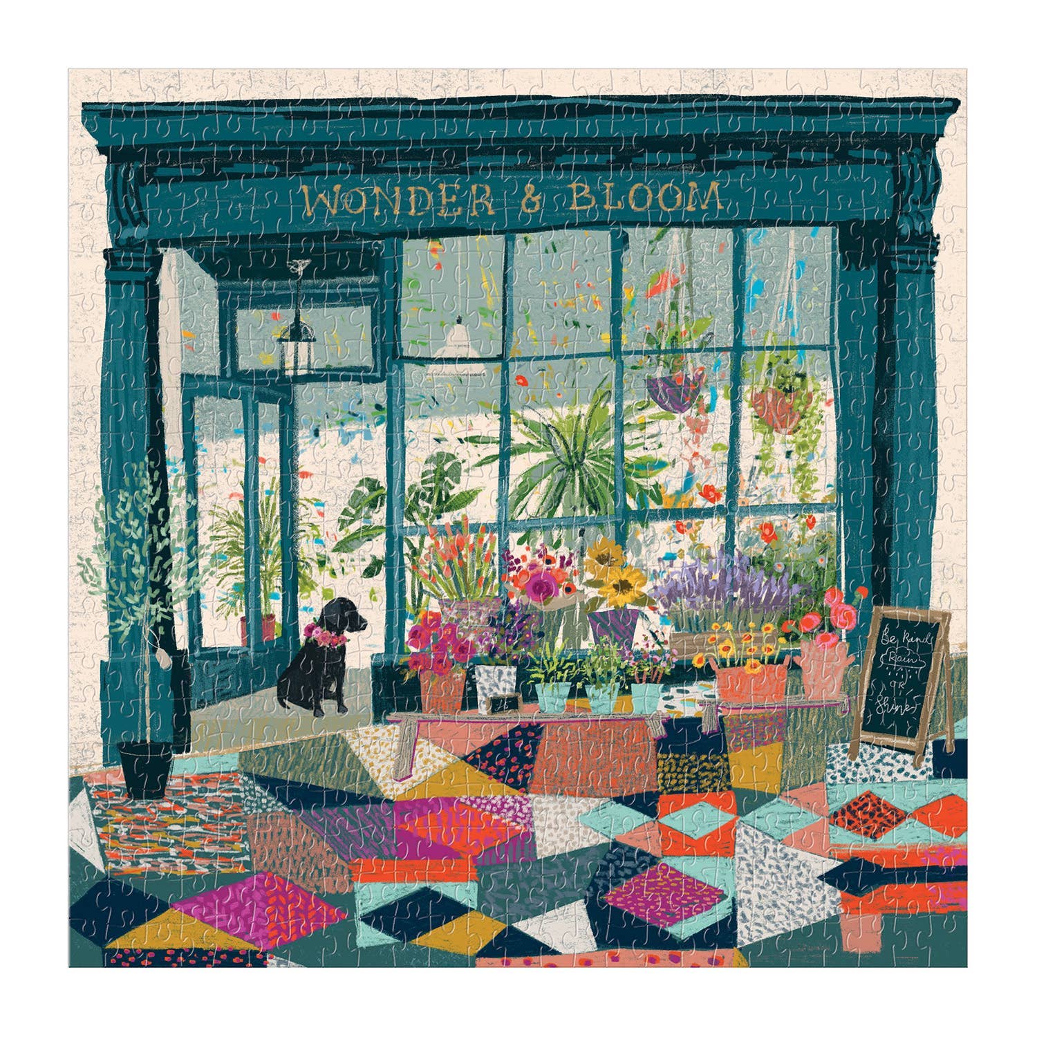 plant shop puzzle, Wonder and Bloom puzzle, Victoria Ball puzzle, Galison 500 piece puzzle, botanical jigsaw, dog in shop puzzle, colorful plant puzzle, gift for gardeners, relaxing jigsaw puzzle, floral puzzle