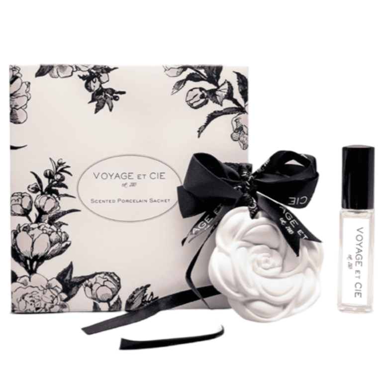 porcelain scented sachet, ceramic flower fragrance diffuser, drawer perfume diffuser, car air freshener sachet, gym locker scent, giftable fragrance set, voyage et cie perfume oil, reusable porcelain sachet, signature santa scent, elegant room fragrance