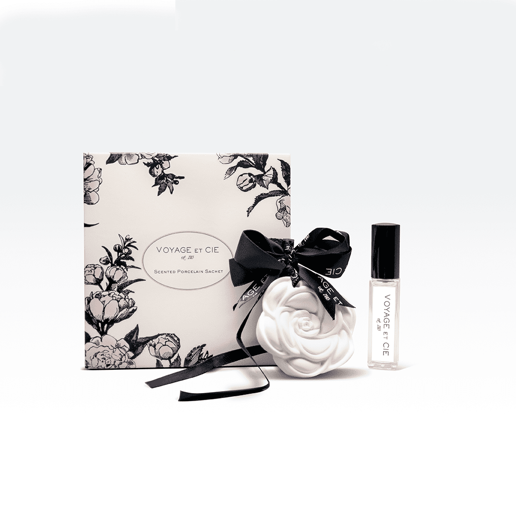 porcelain scented sachet, ceramic flower fragrance diffuser, drawer perfume diffuser, car air freshener sachet, gym locker scent, giftable fragrance set, voyage et cie perfume oil, reusable porcelain sachet, signature santa scent, elegant room fragrance