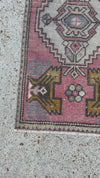 vintage turkish rug, mini turkish rug, pink mustard rug, blush rug, small turkish runner, bohemian style rug, cottagecore rug, turkish wool rug, hand-knotted vintage rug, unique accent rug
