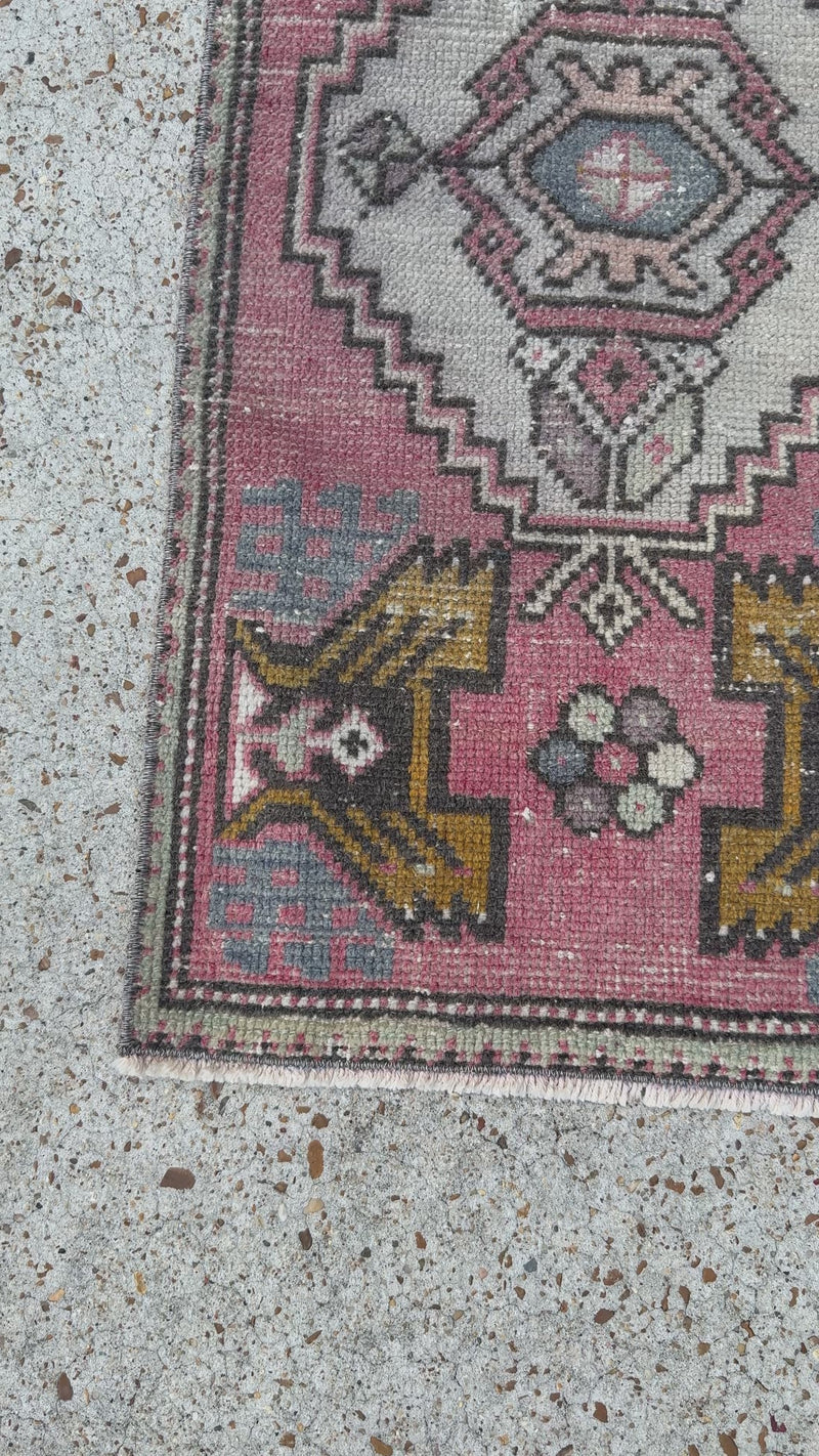 vintage turkish rug, mini turkish rug, pink mustard rug, blush rug, small turkish runner, bohemian style rug, cottagecore rug, turkish wool rug, hand-knotted vintage rug, unique accent rug