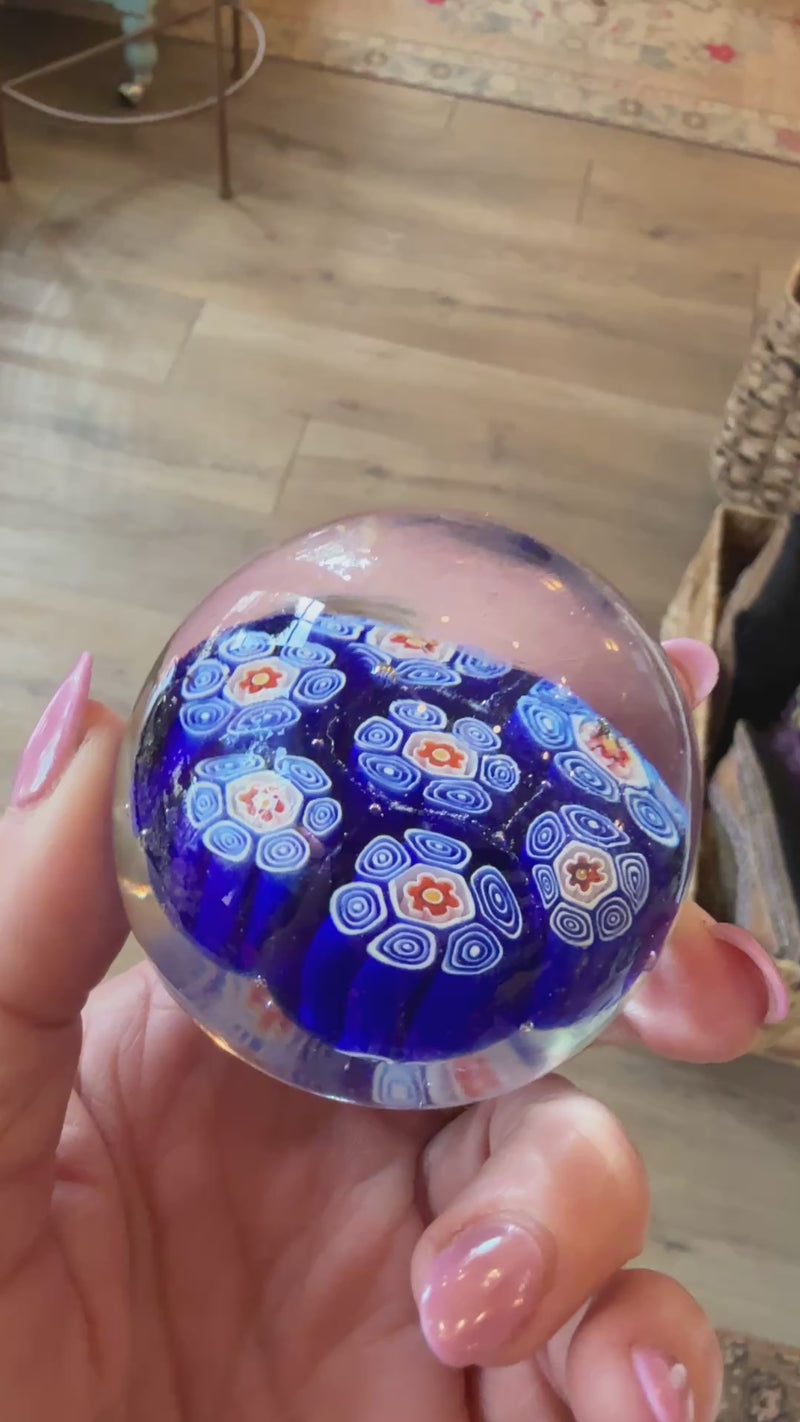 murano paperweight, millefiori paperweight, vintage murano glass, Italian art glass, cobalt blue decor, collectible glass paperweight, murano millefiori, vintage Italian decor, colorful desk accessory, bookshelf decor, coffee table styling, grandmillennial decor, collectible art glass, maximalist home decor, vintage collectible, Italian glass collectible, colorful home accessories, decorative paperweight, murano collectible, vintage home decor