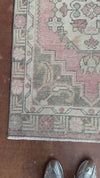 vintage Turkish rug, rose runner rug, sage pink runner, Turkish hallway rug, floral medallion rug, narrow area rug, handmade vintage runner, bohemian runner rug, soft faded runner, traditional Turkish decor