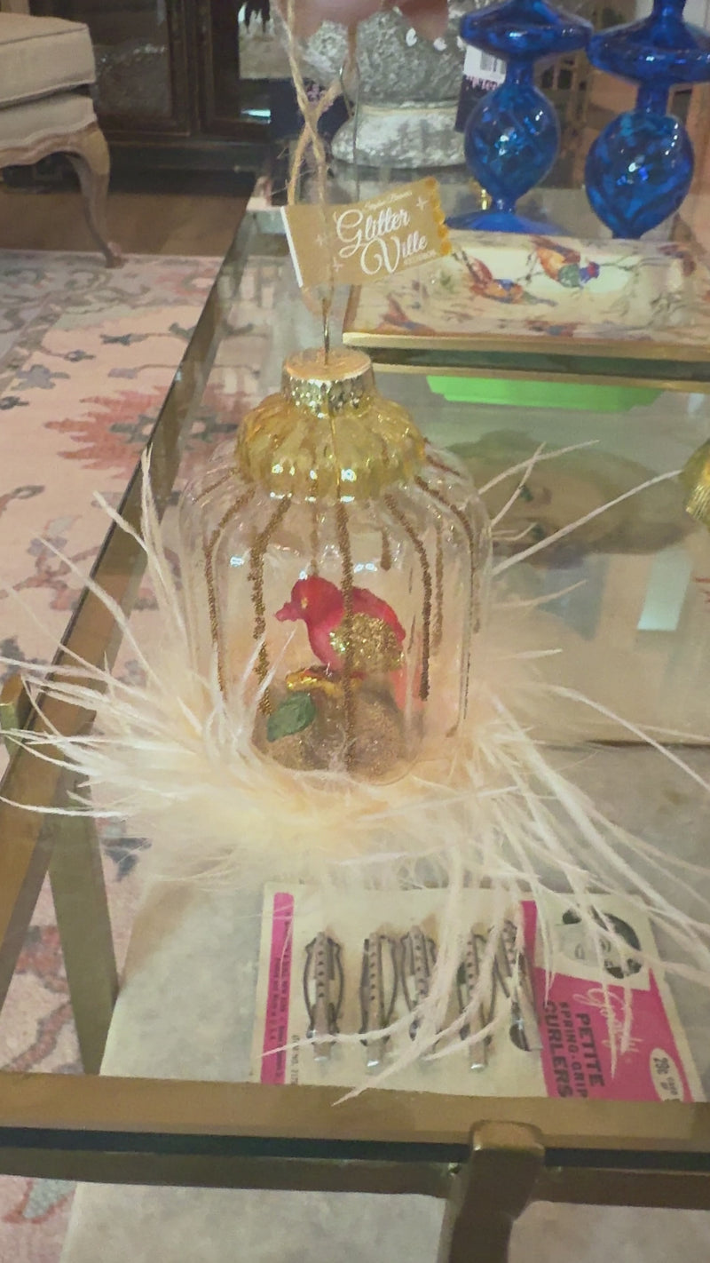 Glitterville Glass Birdcage ornaments with light pink ostrich style feathers