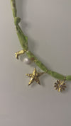 Green Bandana Necklace with Pearl, Star & Bee Charms by Mandriana