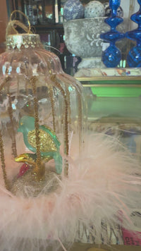 Glitterville Glass Birdcage ornaments with light pink ostrich style feathers