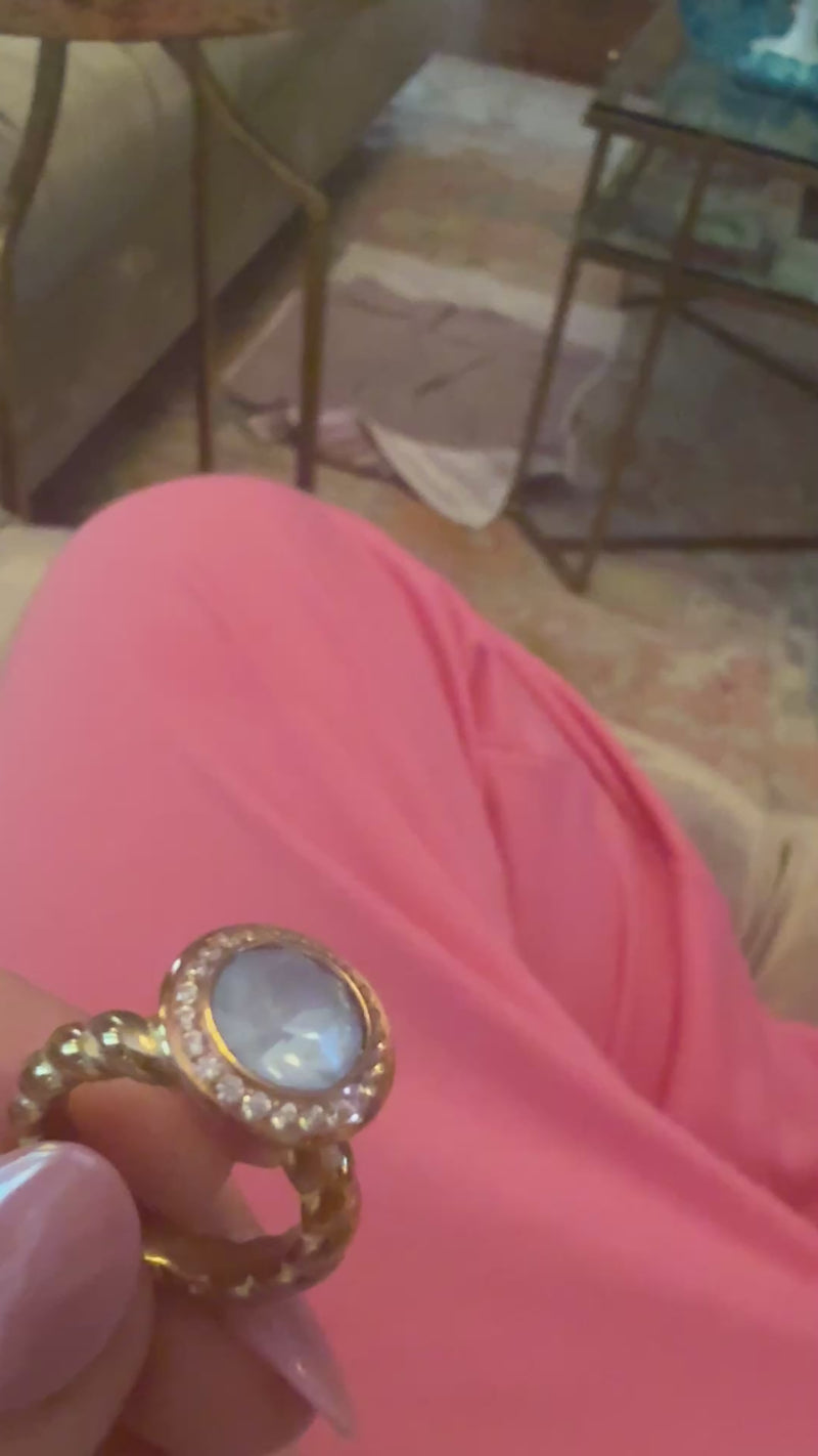 Tondo Deluxe Rose Gold Topper in Blue Sky Ignite on a gold qudo band interchangeable jewelry 