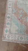 vintage Turkish rug, 4x6 rug, small accent rug, faded terracotta rug, aqua medallion rug, handwoven Turkish rug, boho rug, layered rug look, one of a kind rug, vintage home decor, entryway rug, kitchen runner, neutral Turkish rug
