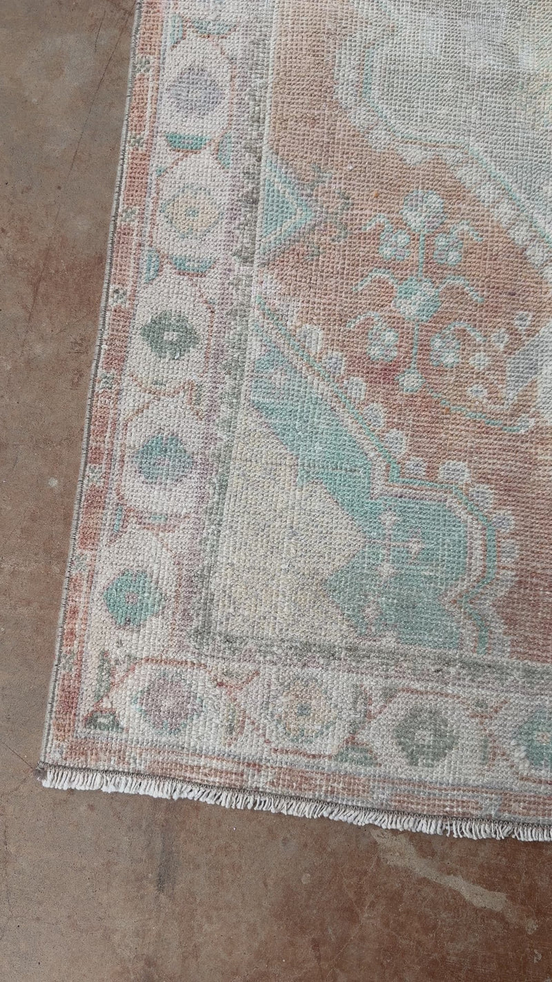 vintage Turkish rug, 4x6 rug, small accent rug, faded terracotta rug, aqua medallion rug, handwoven Turkish rug, boho rug, layered rug look, one of a kind rug, vintage home decor, entryway rug, kitchen runner, neutral Turkish rug