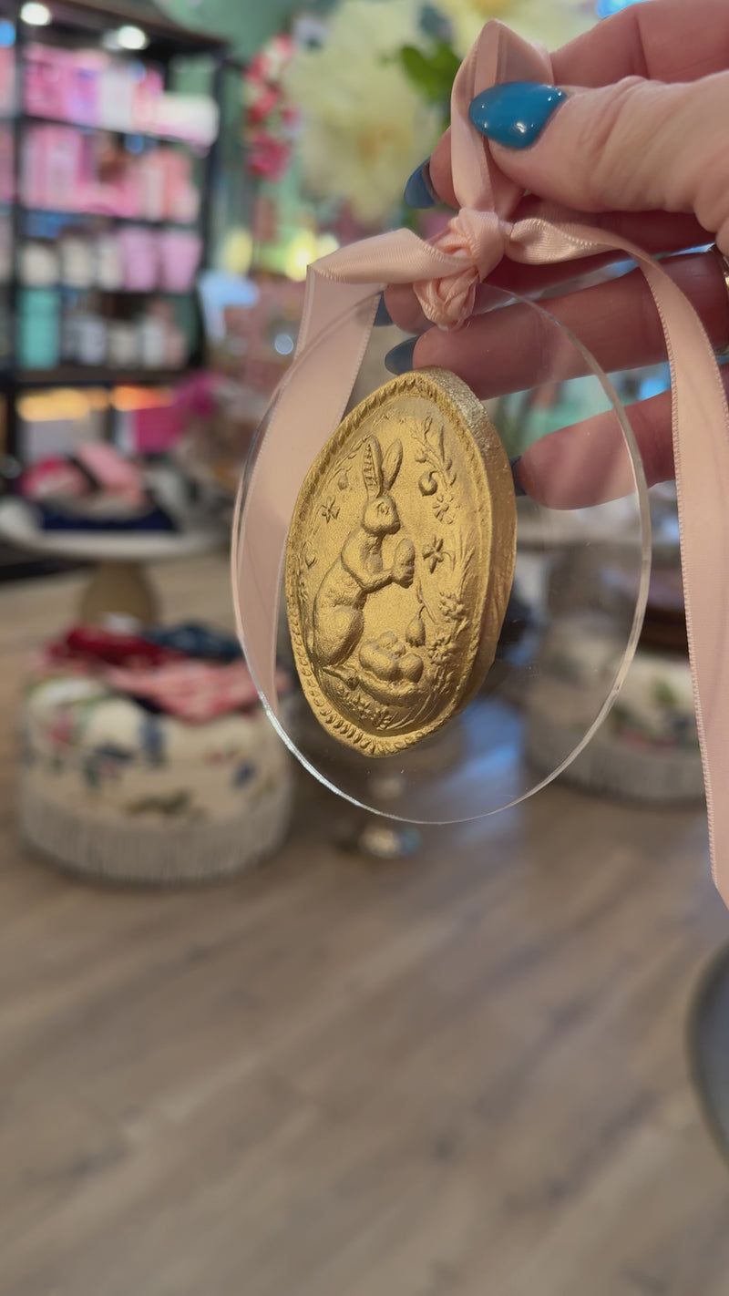 gold clay bunny easter intaglio on acrylic ornament iwth pink satin ribbon