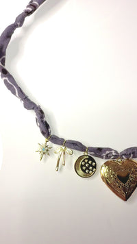Mandriana bandana necklace, charm necklace, heart and horseshoe necklace, handmade boho jewelry, vintage gold charms, talisman necklace, lucky girl necklace, bohemian accessory, adjustable tie necklace, statement bandana choker
