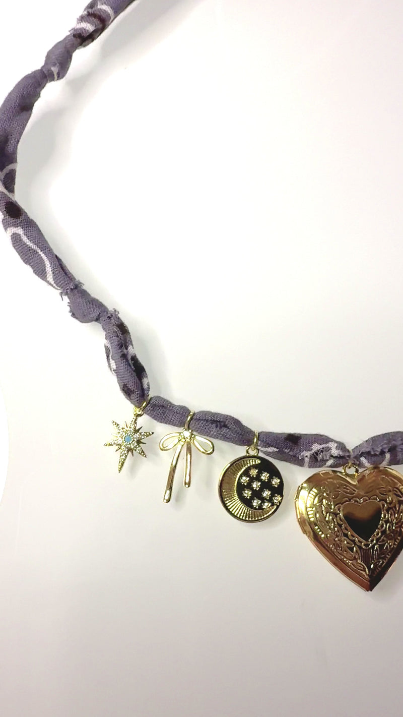 Mandriana bandana necklace, charm necklace, heart and horseshoe necklace, handmade boho jewelry, vintage gold charms, talisman necklace, lucky girl necklace, bohemian accessory, adjustable tie necklace, statement bandana choker