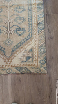 vintage Turkish rug, Turkish runner, sand and blue rug, faded Turkish runner, hallway rug, antique runner rug, neutral vintage runner, bohemian rug, long narrow rug, medallion Turkish rug