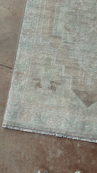 vintage Turkish runner, long Turkish rug, aqua and sand rug, neutral hallway rug, faded Turkish rug, geometric medallion runner, boho farmhouse decor, antique rug runner, 3x10 Turkish rug, distressed 