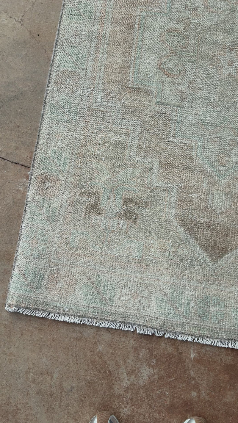 vintage Turkish runner, long Turkish rug, aqua and sand rug, neutral hallway rug, faded Turkish rug, geometric medallion runner, boho farmhouse decor, antique rug runner, 3x10 Turkish rug, distressed 