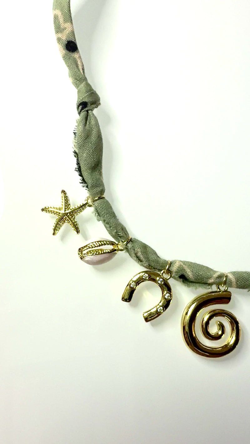 Mandriana bandana necklace, seaside charm necklace, fish and shell necklace, handmade coastal jewelry, beachy boho necklace, lucky talisman necklace, olive green bandana necklace, spiral pendant choker, gold charm necklace, boho beach accessories