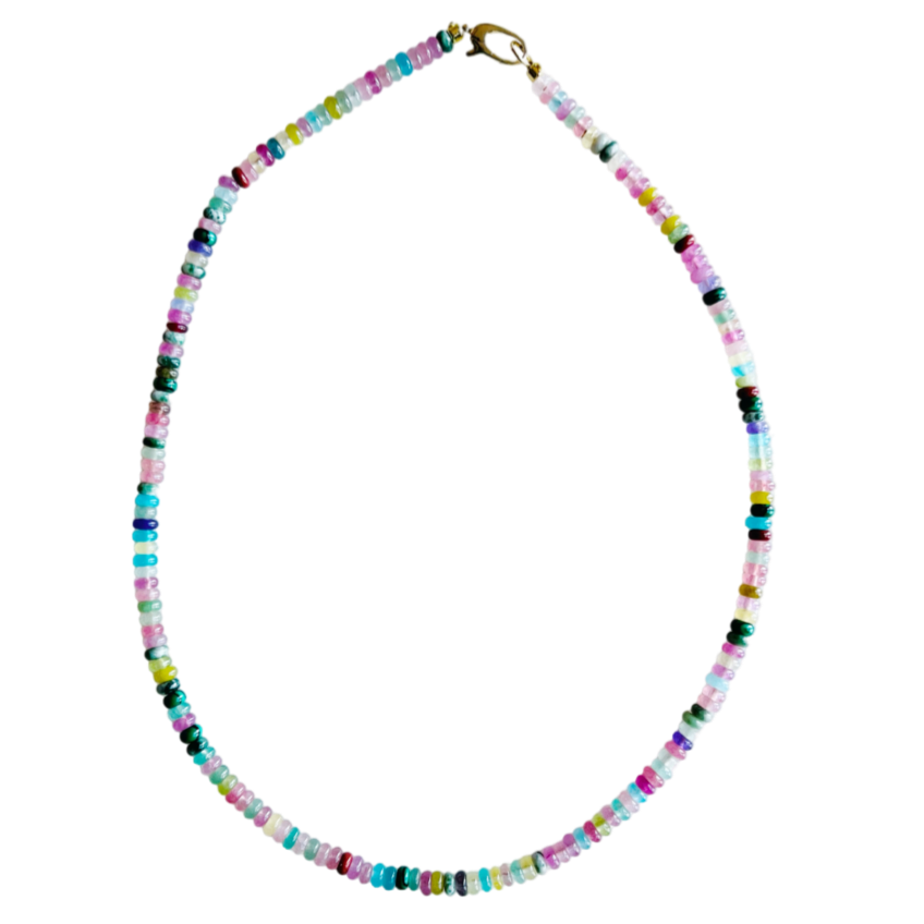 rainbow gemstone necklace, dainty multicolor beaded necklace, handmade Charleston jewelry, Rainbow Row necklace, 16 inch layering necklace, gold plated hardware necklace, colorful gemstone choker, charm-ready beaded necklace, pastel gemstone necklace, southern inspired jewelry