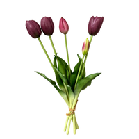 Bouquet of purple tulips with green leaves on a white background