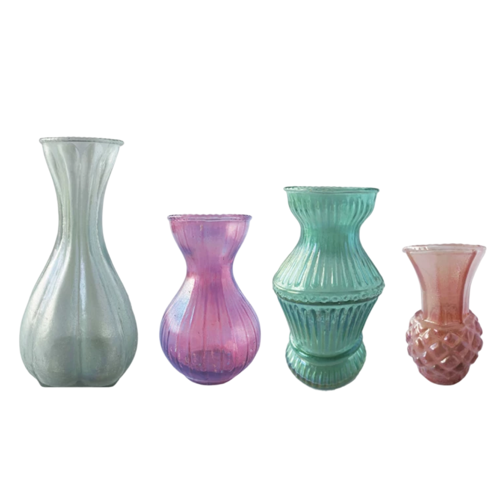 Four glass vases of different designs and colors on a white background