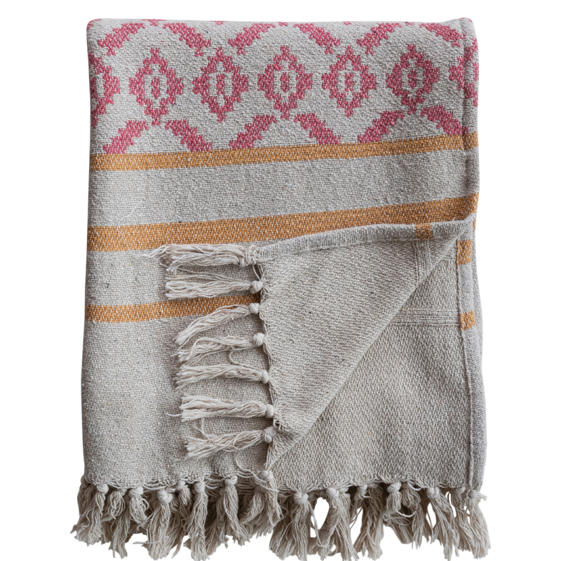 
recycled cotton throw, jacquard stripe blanket, multicolor boho throw, eco-friendly blanket, cotton tassel throw, boho home decor, sustainable home textiles, cozy woven blanket, colorful bed throw, living room accent blanket