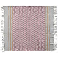 Patterned towel with pink and beige design on a white background