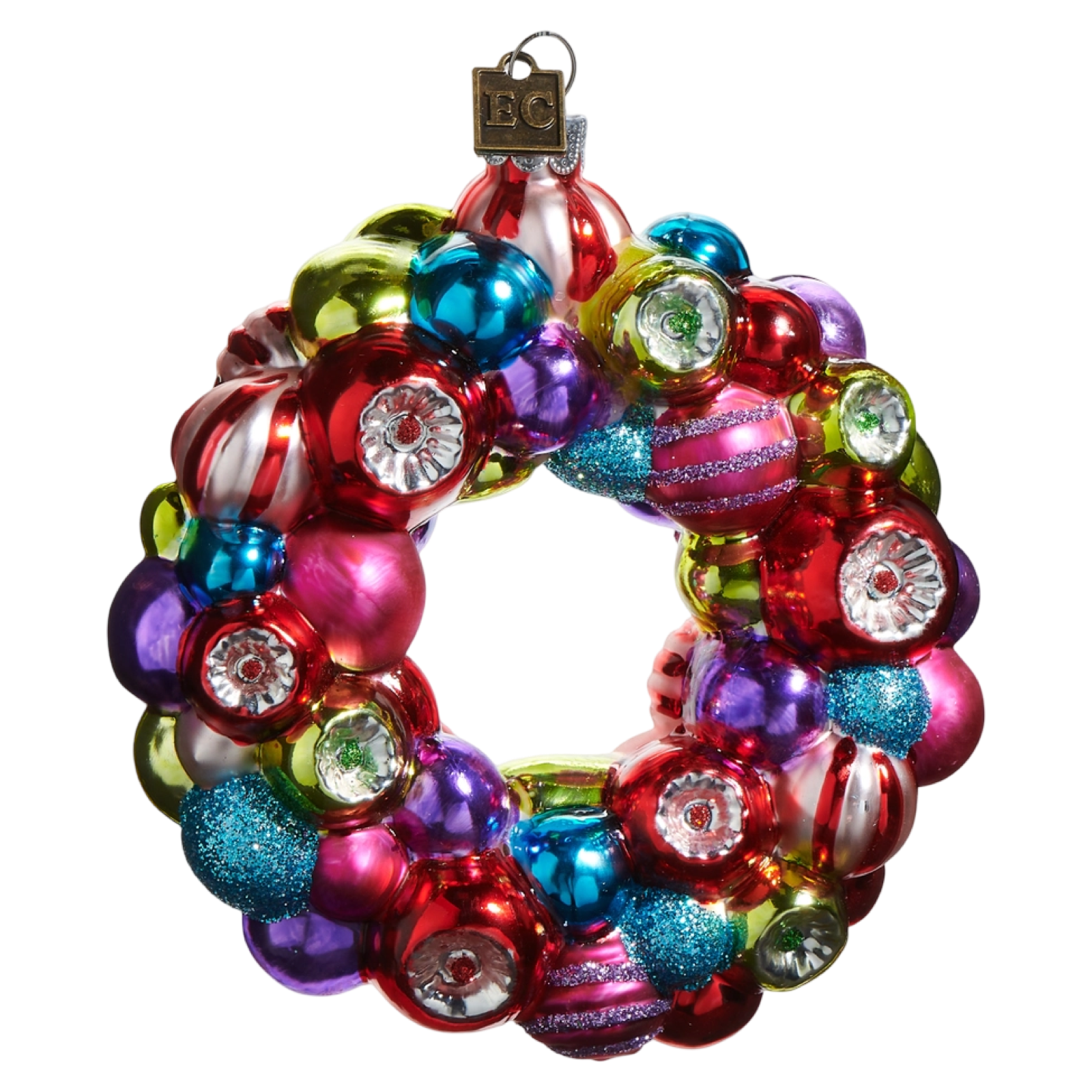 Colorful glass ornament wreath on a white background