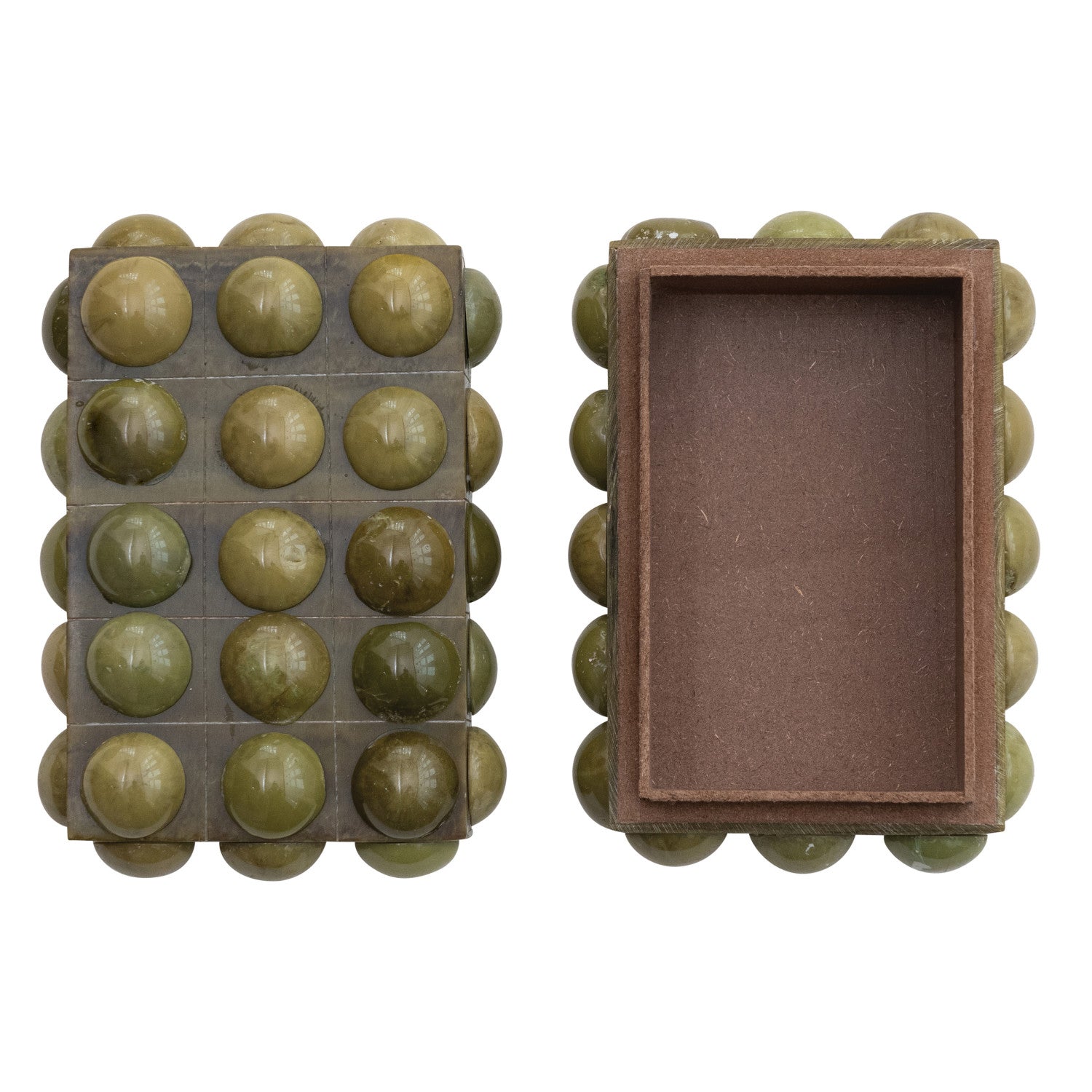 Green bead container with a brown interior on a white background