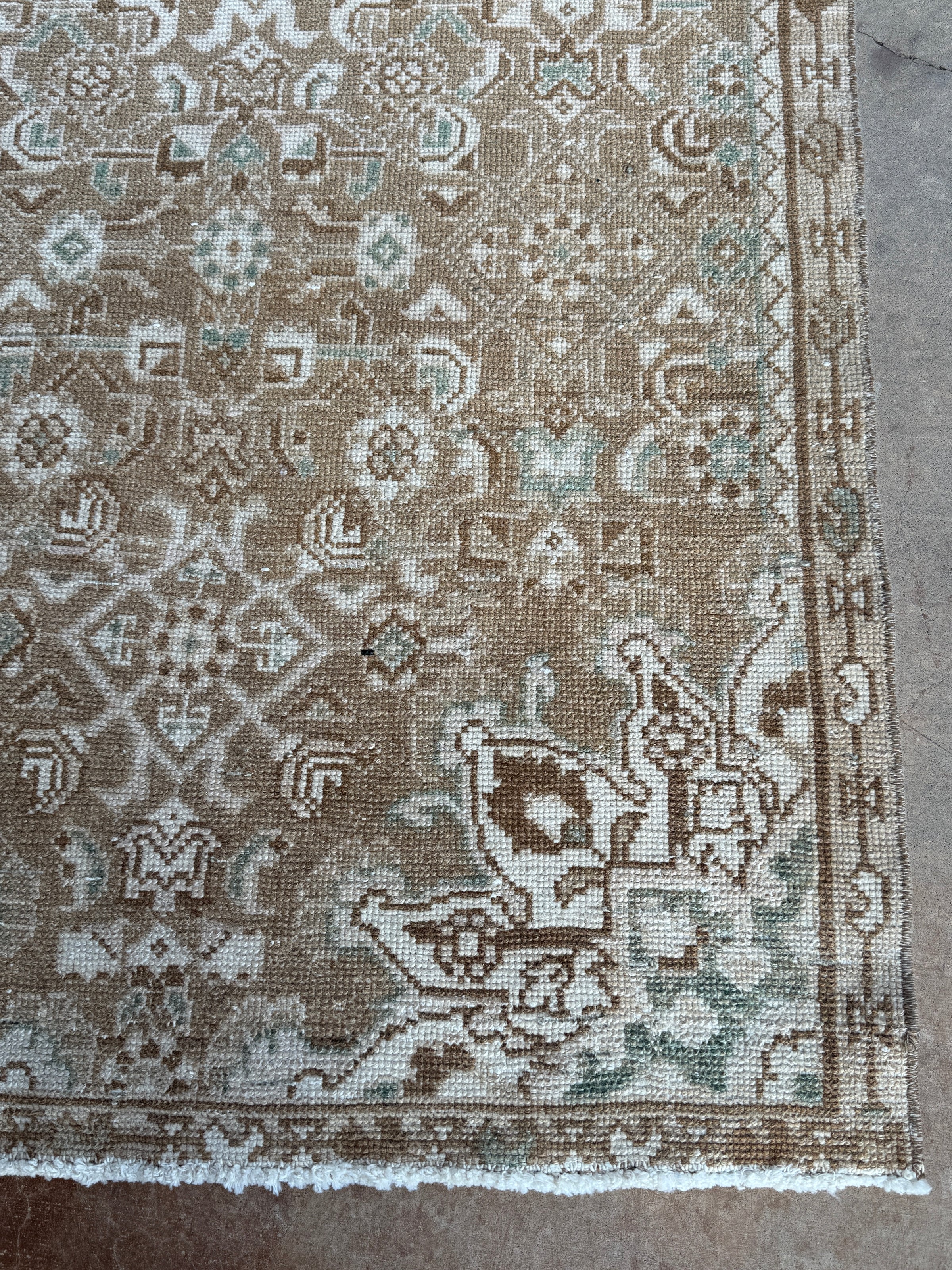 A close-up of a vintage-style area rug with a distressed tribal pattern in beige, brown, cream, and muted sage green, showing the fringe on one end.
