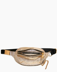 Gold glittery waist bag with black strap on a white background