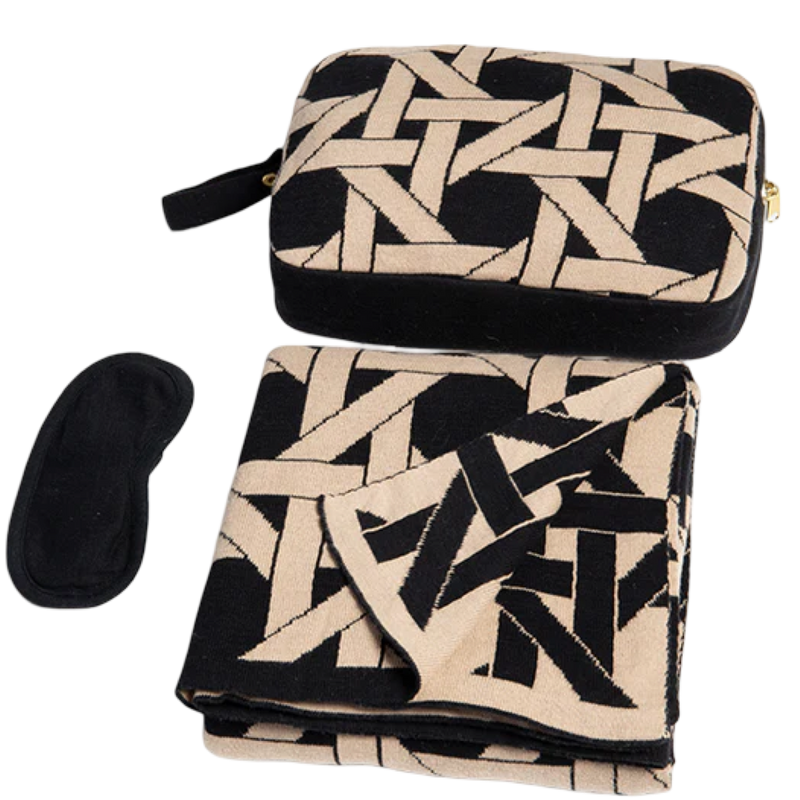 riti travel blanket, black travel blanket set, organic cotton travel set, eco friendly travel blanket, organic cotton eye mask set, sustainable travel essentials, cozy travel blanket, minimalist travel accessories