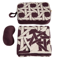Set of travel items including a patterned eye mask and pouch on a white background