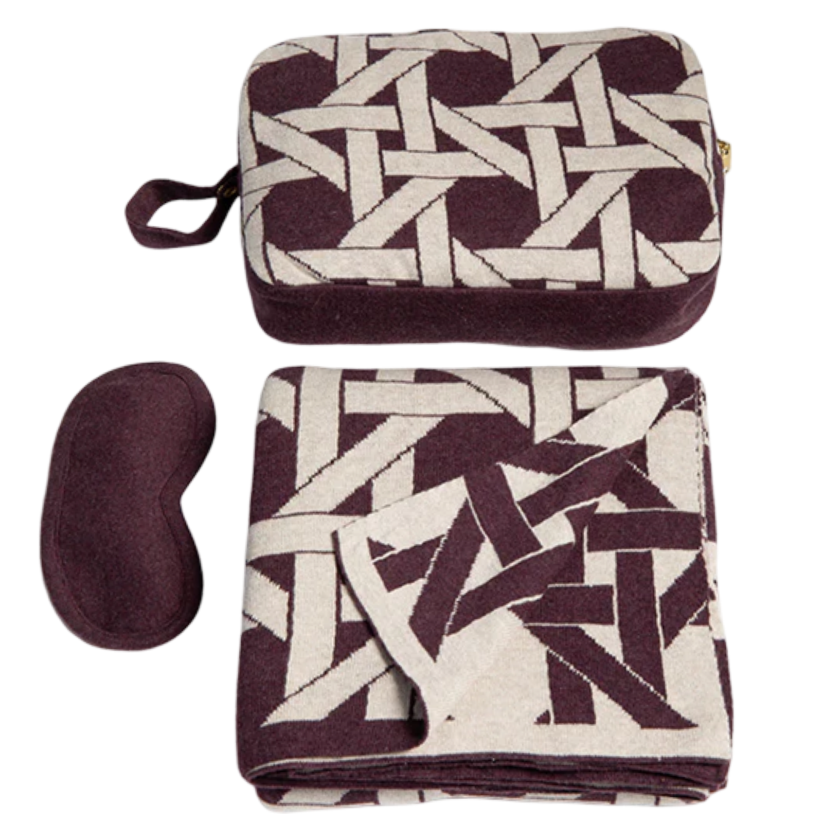 Set of travel items including a patterned eye mask and pouch on a white background