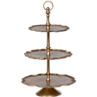 scalloped tiered server, gold tiered stand, cast aluminum server, three tier display stand, decorative dessert stand, vintage-inspired tiered tray, gold scalloped serving stand, tabletop centerpiece stand, tiered decor display, neutral metallic server