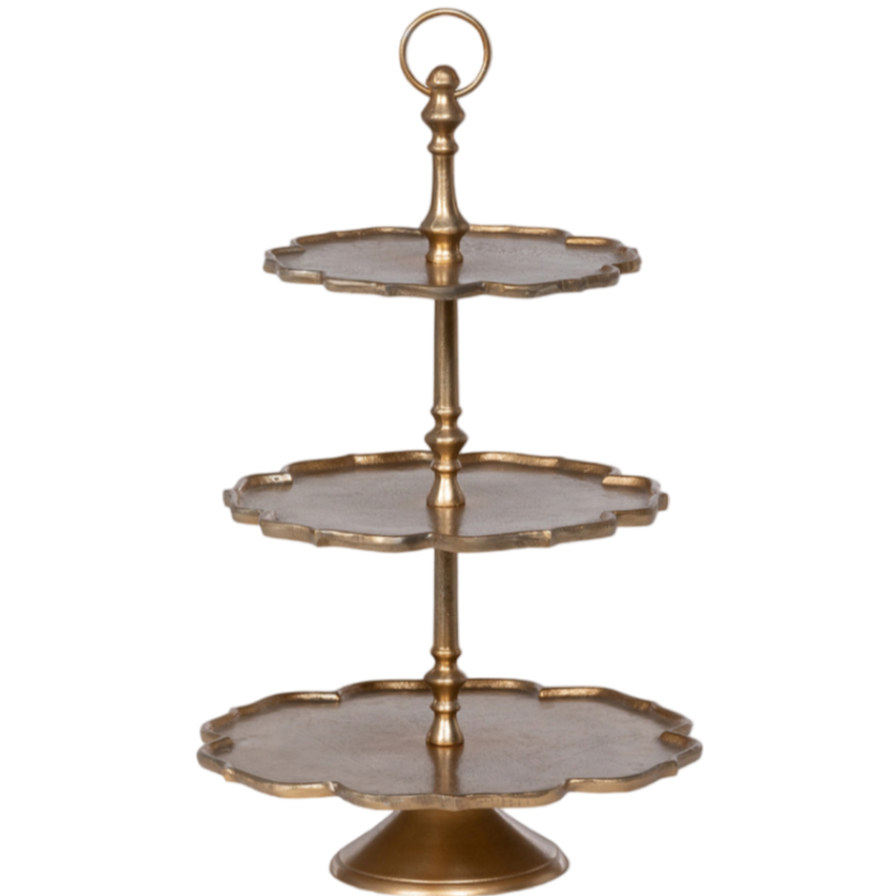 scalloped tiered server, gold tiered stand, cast aluminum server, three tier display stand, decorative dessert stand, vintage-inspired tiered tray, gold scalloped serving stand, tabletop centerpiece stand, tiered decor display, neutral metallic server
